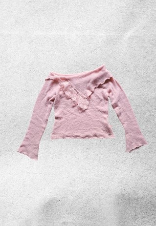 vintage y2k pink coquette balletcore off shoulder jumper