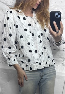 Vintage 80's  White Polka Dot Blouse - Large 