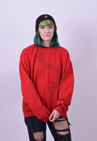 VINTAGE 90'S RED USA FLOWER PRINT SWEATER SIZE X LARGE