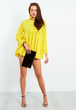 YELLOW LONG SLEEVE TIERED FRILL DRESS