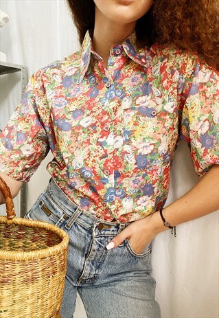VINTAGE 80S BOTANICA ENGLISH COTTAGE GARDEN BLOUSE TOP