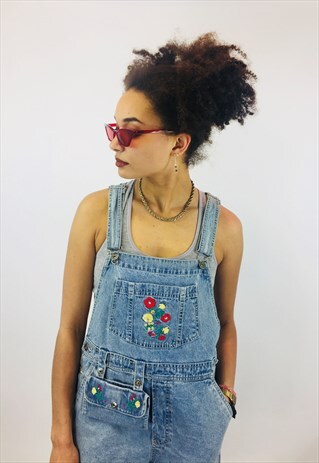 VINTAGE FLORAL EMBROIDERED DENIM DUNGAREES