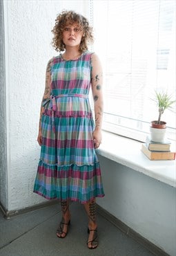 Vintage 70's Bohemian Checked Thin Cotton Maxi Summer Dress