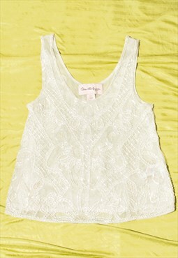 Vintage Lace Top 90s Fairycore White Sheer Beaded Blouse