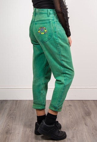 90'S VINTAGE GREEN FLORAL EMBROIDERED HIGH WAIST MOM JEANS