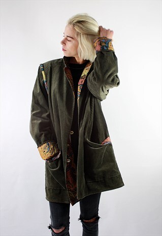VINTAGE 90' GREEN CORDUROY COAT WITH COLORFUL QUIRKINESS