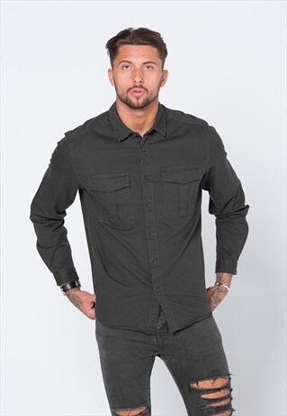 ESSENTIAL BUTTON UP SHACKET JACKET OVER SHIRT - DARK GREY