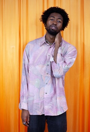 VINTAGE 80S SHIRT PINK GREEN ORANGE PASTEL ABSTRACT COLLARED