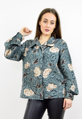 VINTAGE 90S BOHO GREY FLORAL PRINT SHIRT