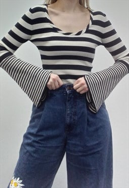 00's Top Striped Long Sleeve Black White 