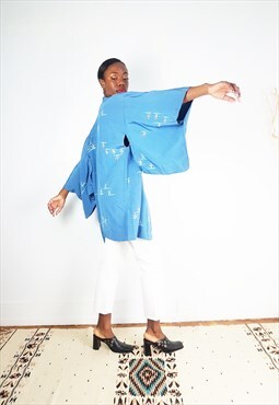 Revival 1980s Blue Kimono Japanese Haori Jacket