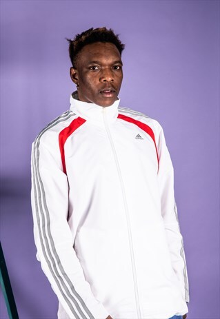VINTAGE ADIDAS JACKET IN WHITE WITH SILVER LOGO AND STRIPES