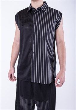 Black Patchwork mesh cotton sleeveless shirt vest 