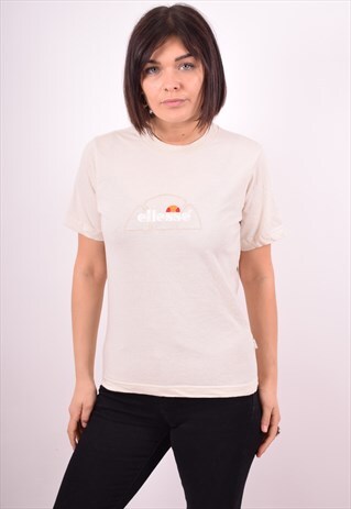 ELLESSE WOMENS VINTAGE T-SHIRT TOP MEDIUM BEIGE 90S