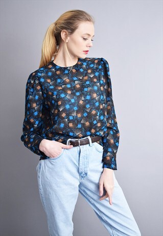 80'S MOD ABSTRACT DOTS & SQUARES PRINT SHEER OVERSIZED SHIRT