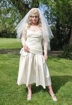 Vintage 1980s Love Heart Neckline Tulle Wedding Dress S 10