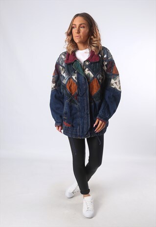 DENIM BOMBER LONG JACKET PATTERNED OVERSIZED 12 - 14 (EAX)
