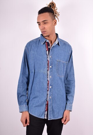 TOMMY HILFIGER MENS VINTAGE DENIM SHIRT LARGE BLUE 90'S