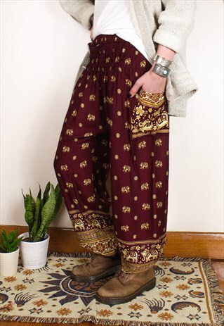 FAIRTRADE BURGUNDY ELEPHANT HIPPIE HAREMS / TROUSERS