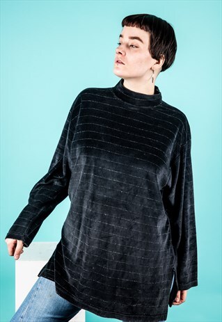 VINTAGE TURTLE NECK SWEATER IN BLACK VELOUR SILVER STRIPES