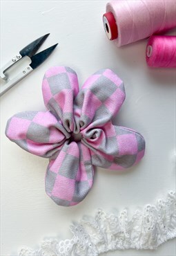 Pink and Grey Checkerboard Flower Scrunchie