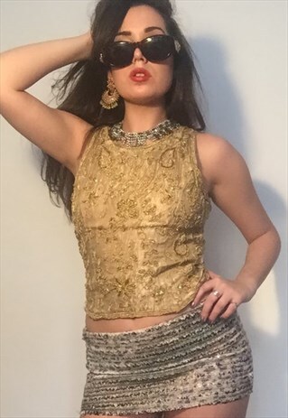 VINTAGE 90S GOLD INDIAN EMBRORIDED BEADED TOP