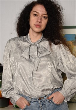 Vintage 80s Luxe satin textured blouse top shirt silver