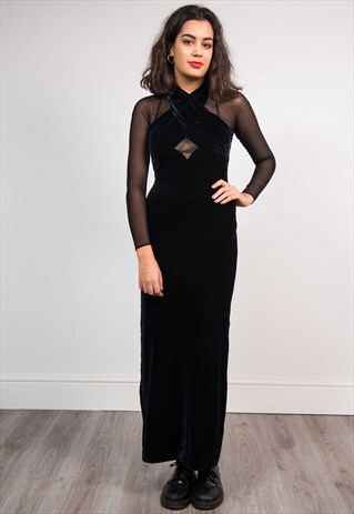 90'S VINTAGE BLACK VELVET MESH LONG DRESS