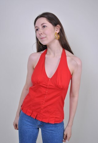 VINTAGE RED RUFFLED TANK TOP, 90S HOLIDAYS SUMMER BUTTON TOP