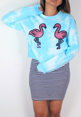 DOUBLE FLAMINGO TIE DYE CROPPED JUMPER IN SKY BLUE