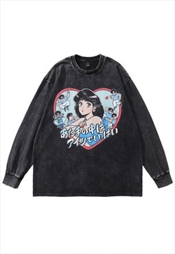 Anime t-shirt vintage wash Japanese cartoon long tee in grey