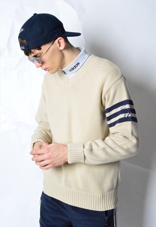 VINTAGE 90S BEIGE KNIT TOMMY HILFIGER V-NECK JUMPER
