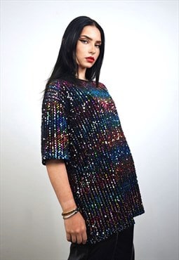 Rainbow sequin embellished top luxury embroidered t-shirt