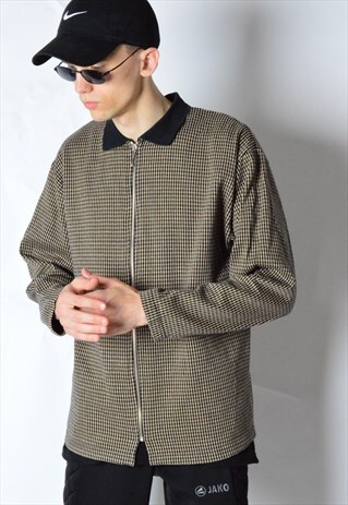 VINTAGE 90S BEIGE BLACK THICK COTTON ZIPPER SHIRT