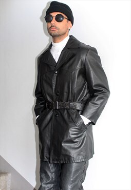 Vintage 90s Winter Belted Black Leather Coat