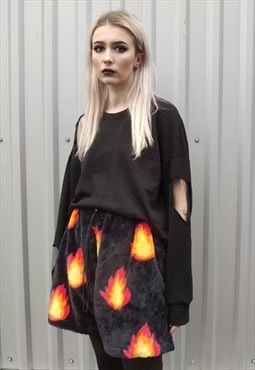 Flame fleece shorts handmade fire bolt overalls in black