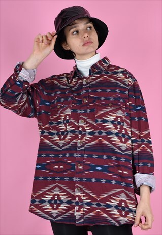 VINTAGE 90S FLANNEL SHIRT BURGUNDY BLUE PATTERNED