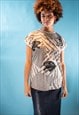 Vintage Y2K Size L Tiger Print Embellished T-Shirt in Grey.