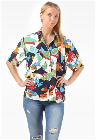 VINTAGE NAUTICAL PRINT UNISEX SHIRT COTTON