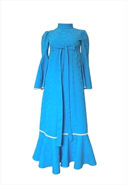 70s Vintage Retro Turquoise Blue Maxi Boho Bell Dress 6