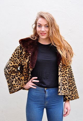 VINTAGE 1950'S FAUX FUR TRIMMED LEOPARD PRINT SWING JACKET