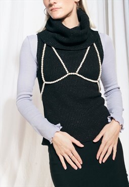 Vintage top Y2K glitter black turtleneck knit vest