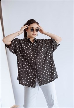 Vintage Oversized Short Sleeve Black Floral Viscose Shirt XL