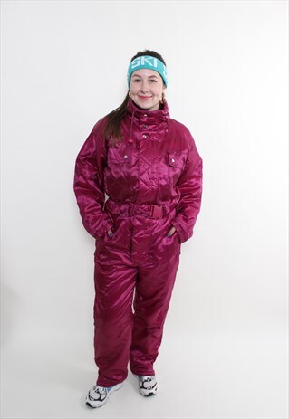 80s shiny pink ski suit women vintage one piece ski jumpsuit