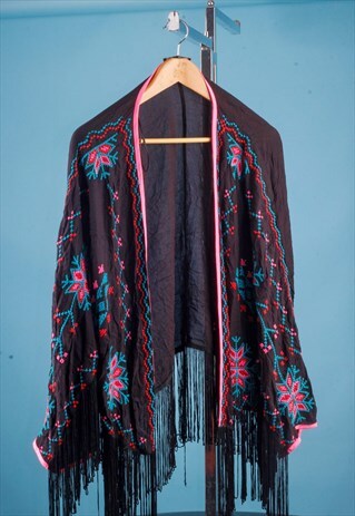 VINTAGE BLACK FESTIVAL FRINGE SCARF