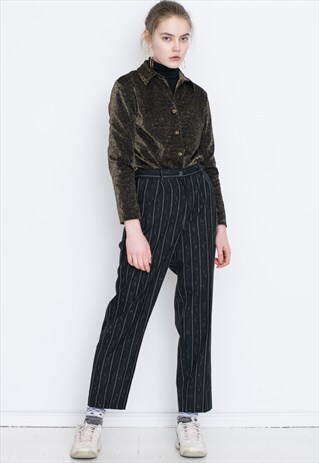 GREY STRIPED HIGH WAIST WIDE LEG RETRO VINTAGE TROUSERS