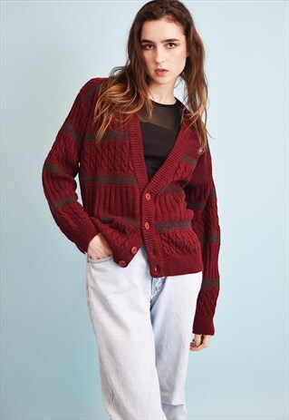 90'S RETRO ARAN STYLE MAROON KNIT DADS CARDIGAN