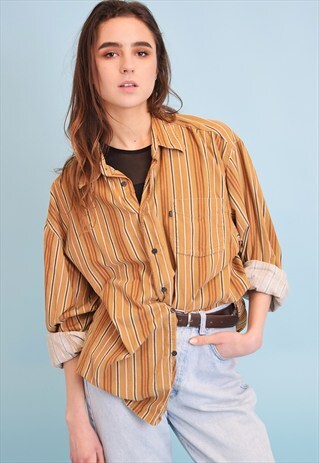 90'S RETRO CORDUROY STRIPED OVERSIZED BOYFRIENDS SHIRT TOP