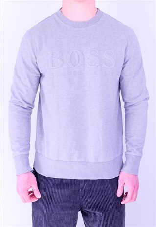 VINTAGE HUGO BOSS SWEATSHIRT SPELL OUT GREY MEDIUM