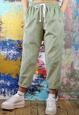 Drawstring Trousers in Pastel Green Cord 